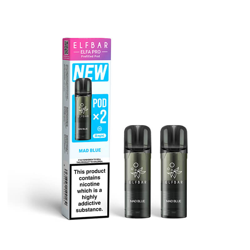 70/30 vape juice with nicotine Elf Bar Elfa Pro Mad Blue Prefilled Disposable Pods 20mg 2ml 2-Pack.  Vapouriz UK