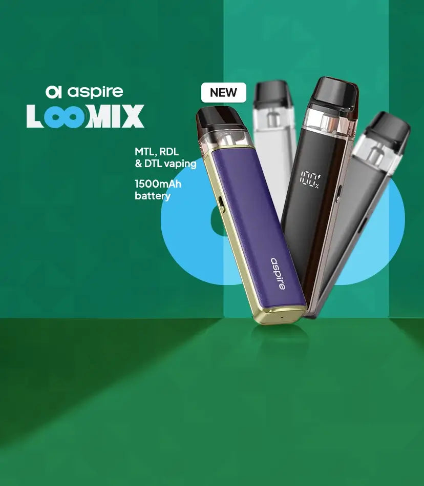 New Aspire Loomix pod kit with MTL and DTL vaping + 1500mAh battery. 4 kits arranged on a green background