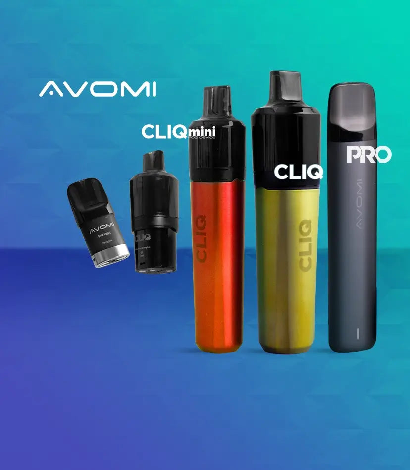 Avomi CLIQ, PRO, CLIQ Mini and pods arranged on a blue background