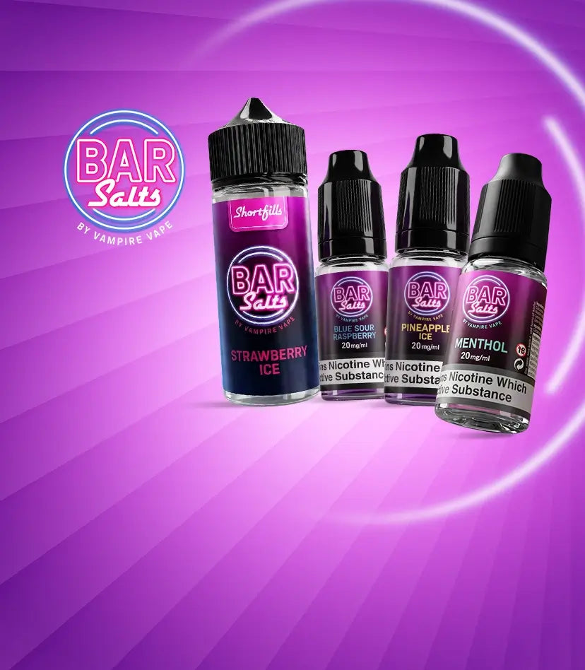 Bar Salts 10ml and shortfills arranged on a fan pattern purple pink background