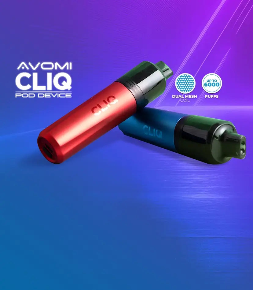2 Avomi CLIQ pod devices laid down overlapping one another with dual mesh coil and up to 6000 puffs messaging on a blue purple background