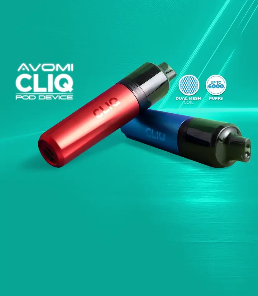 2 Avomi CLIQ pod devices laid down overlapping one another with dual mesh coil and up to 6000 puffs messaging on an aqua green background