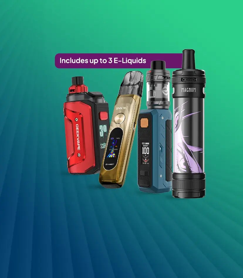 The latest kits plus up to 3 e-liquids included on a green blue graduated background