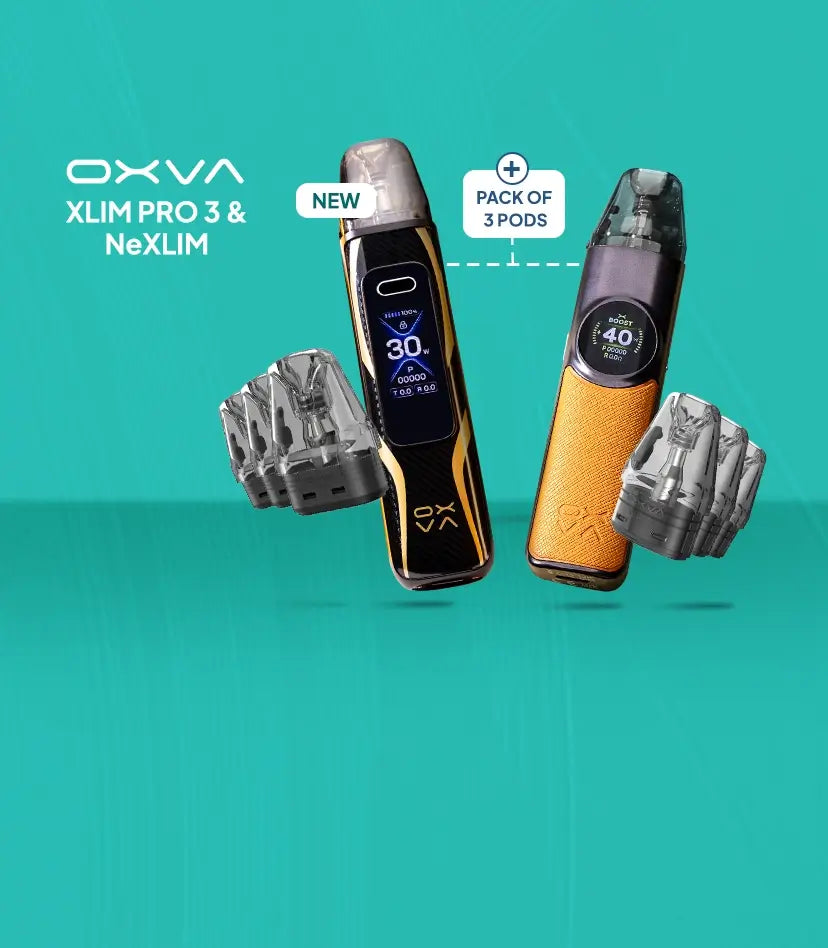 Oxva Xlim Pro 3 and Nexlim pod kits with 3 pack of pods for each on a graduated aqua background