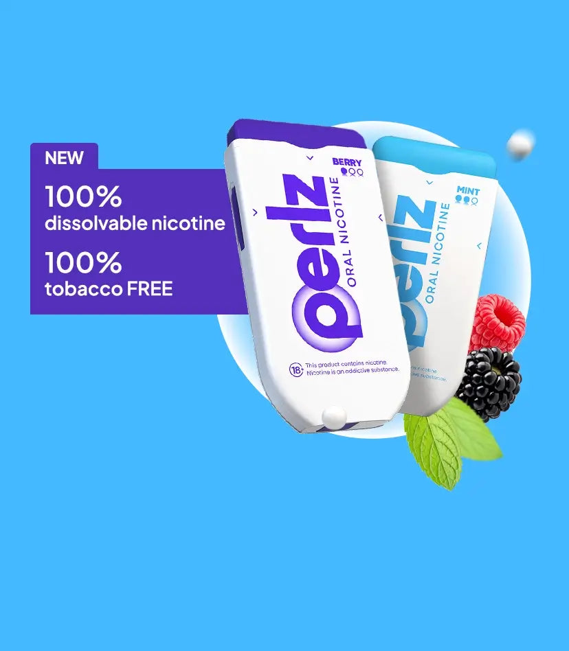 New Perlz oral nicotine. 100% dissolvable, 100% tobacco free, with 2 dispensers on a sky blue background
