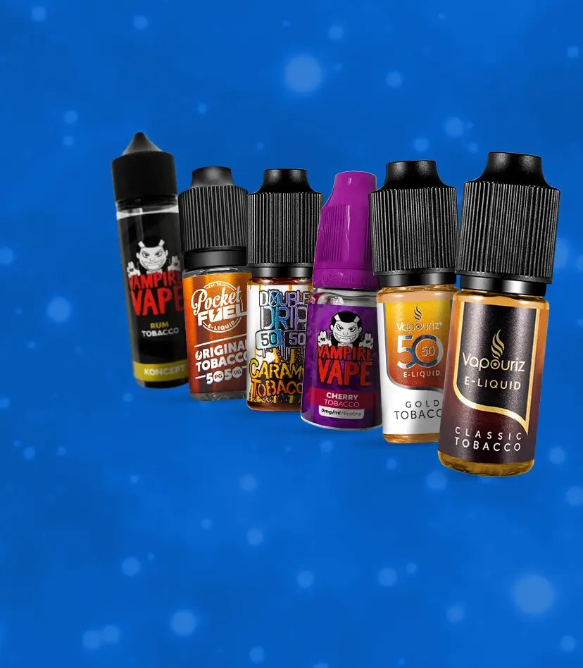 Tobacco flavoured e-liquids from a range of brands on a blue snowy background