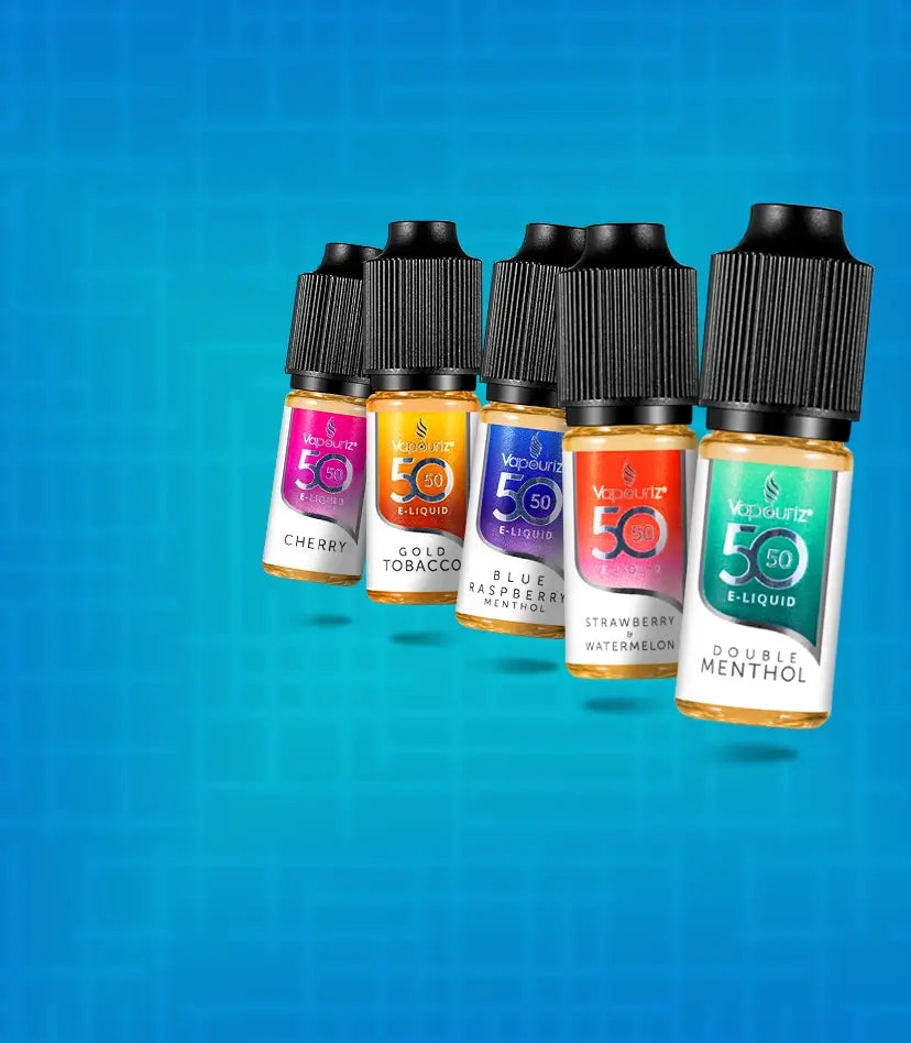 Vapouriz 5050 e-liquid bottles aligned in a row on a blue background