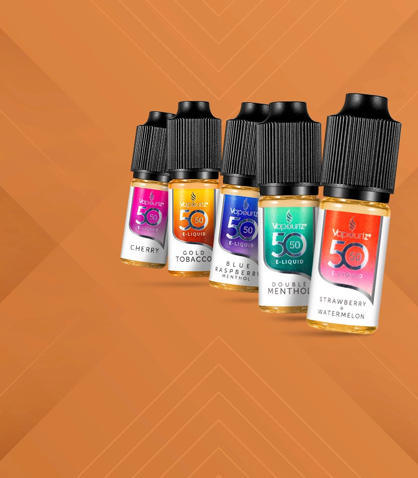 Vapouriz 5050 e-liquid on an orange arrowed pattern background