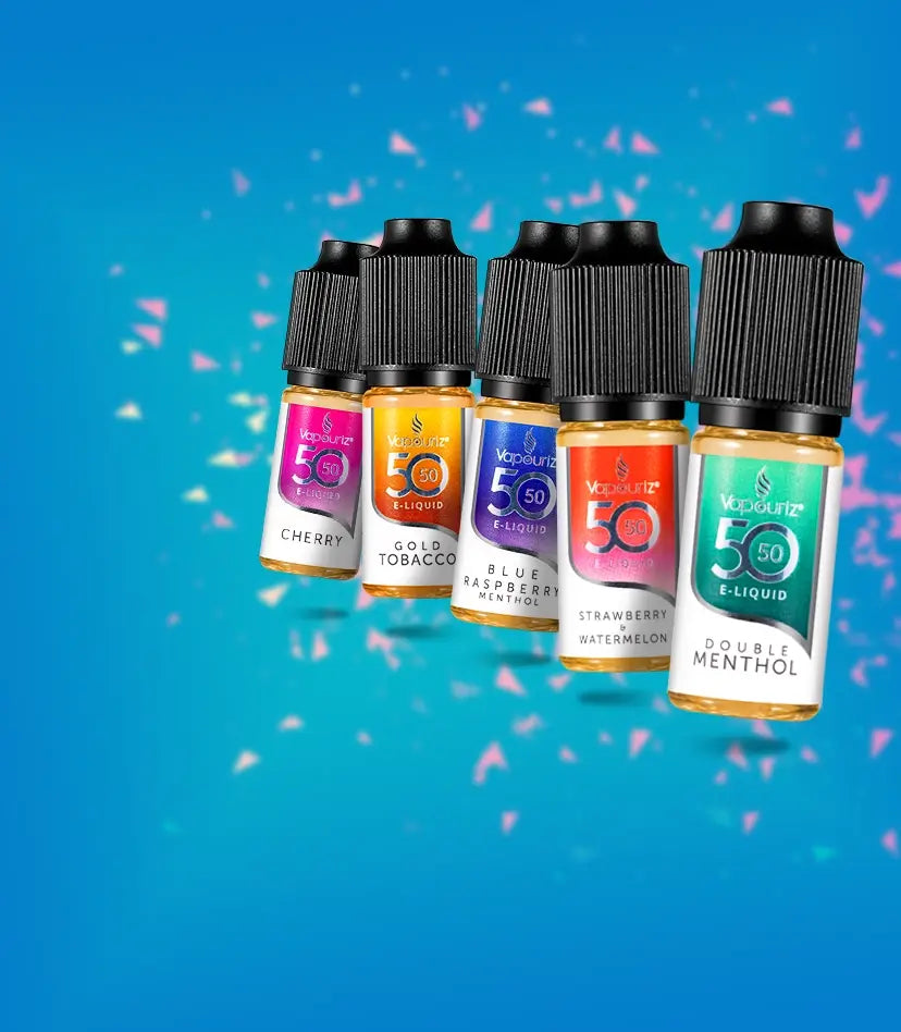 Vapouriz 10ml e-liquid bottles lined up against a bright blue background with scattered confetti. The bottles feature colorful labels for Cherry, Gold Tobacco, Blue Raspberry, Strawberry Watermelon, and Double Menthol.