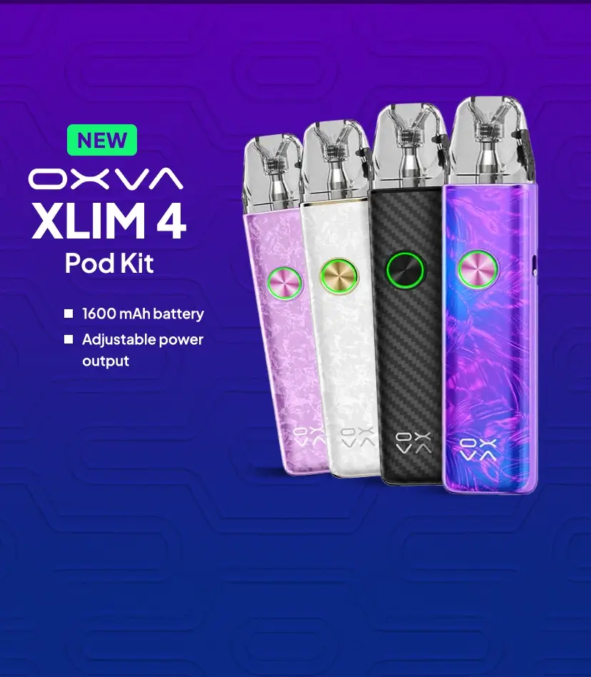 4 New Oxva Xlim 4 pod kit with 1600mAh battery lined up on a deep blue purple patterned background