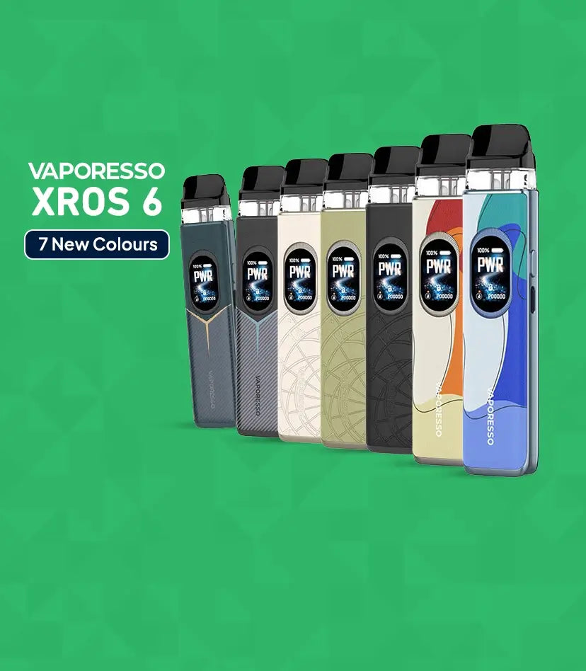Vaporesso Xros 6 pod kit in 7 new colours arranged on a green patterned background