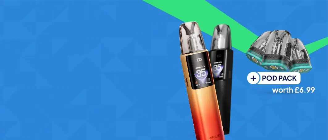 Argus G4 pod kit with pack of pods worth £6.99 included on a blue patterned background