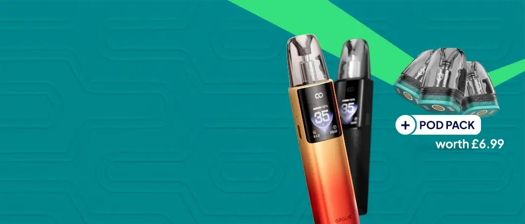 Argus G4 pod kit with pack of pods worth £6.99 included on an aqua green patterned background