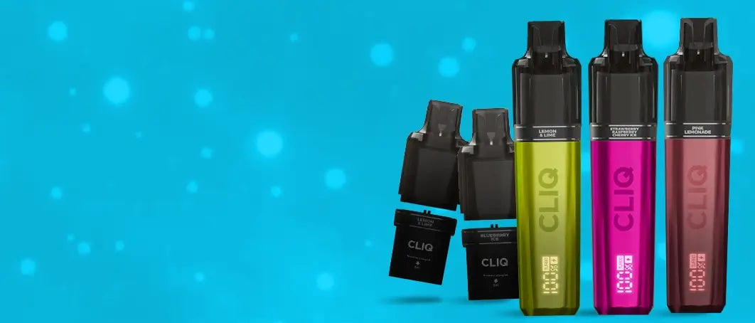 Avomi CLIQ pod kit and pods in a row on a blue snowy background