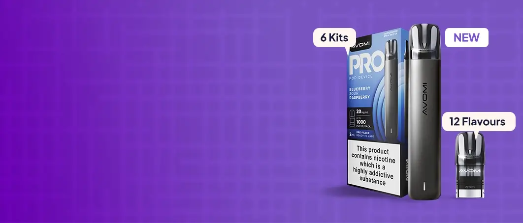 New Avomi PRO pod kit (available in 6 kits) and pod (available in 12 flavours) on a purple background