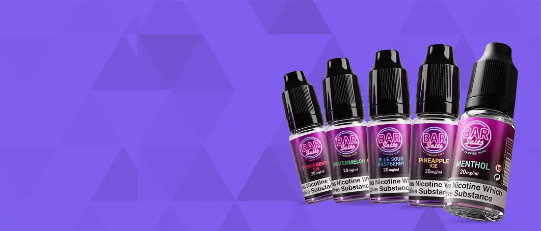Five Bar Salts bottles of e-liquid arranged in a semi-circle on a purple and magenta background with geometric triangle patterns.