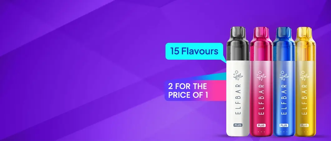 Elf Bar Plus 12 pod kit in 15 flavours - 2 for the price of 1 - on a purple patterned background