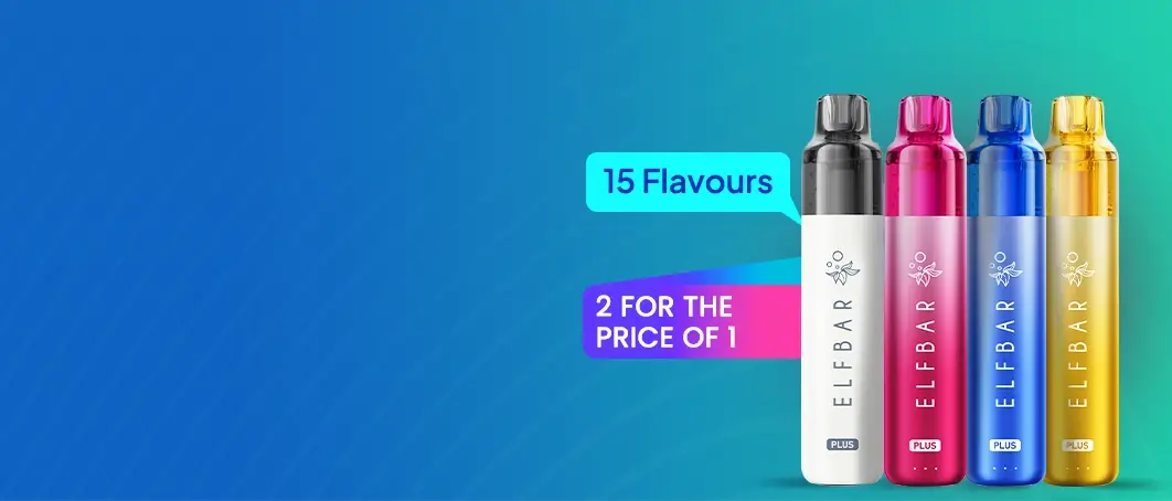 Elf Bar Plus 12 pod kit - 2 for the price of 1 - 15 flavours on an aqua blue background