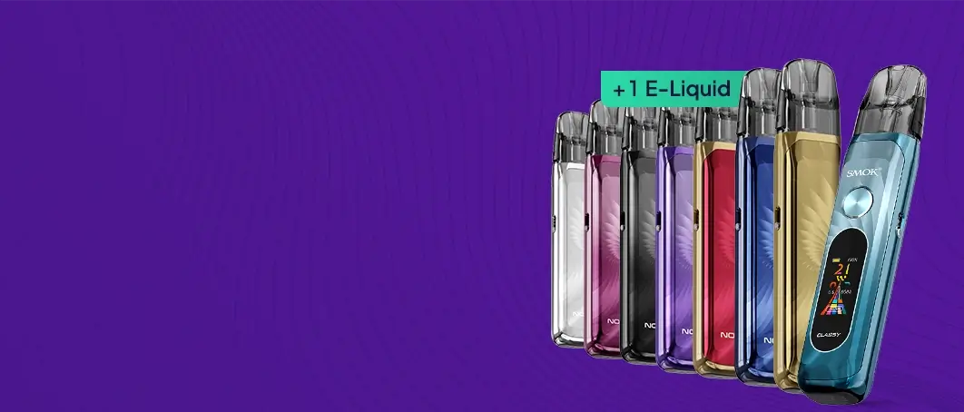 8 x colour options - Smok Novo Classy + 1 e-liquid on a purple background