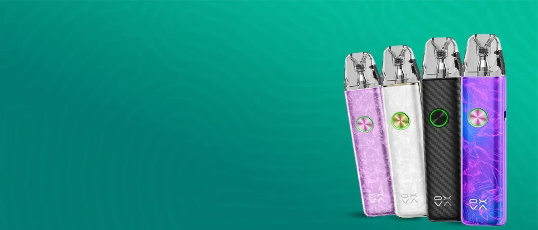 New Oxva Xlim 4 pod kits arranged together on an aqua green patterned background