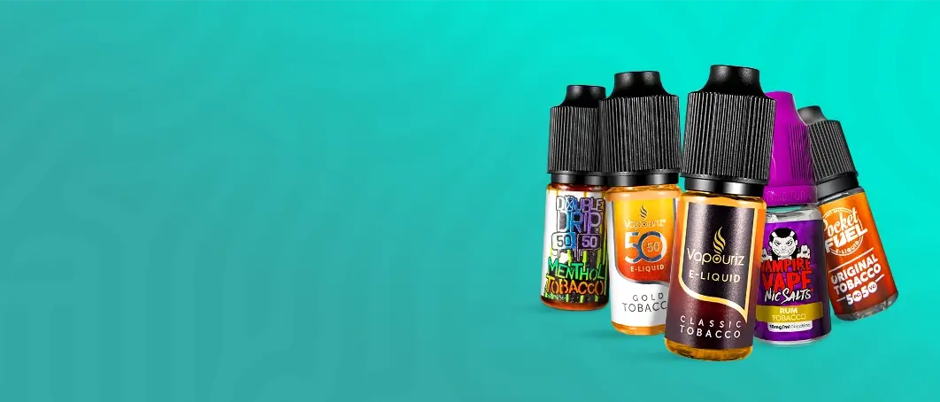 Collection of tobacco e-liquids from Double Drip, Vapouriz, Vampire Vape and Pocket Fuel on an aqua green rippled background