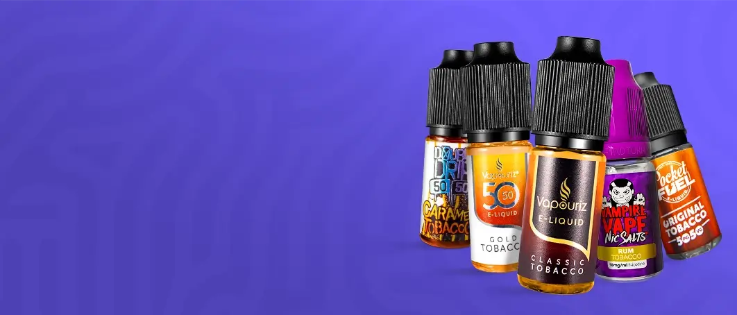 Collection of tobacco e-liquids from Double Drip, Vapouriz, Vampire Vape and Pocket Fuel on a purple rippled background