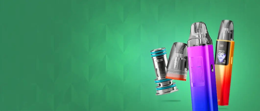 Voopoo range of products arranged on a green graduated background