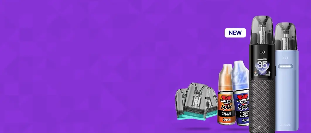 Argus G4 or G4 Mini + Pack of Pods & E-Liquids arranged on a purple background