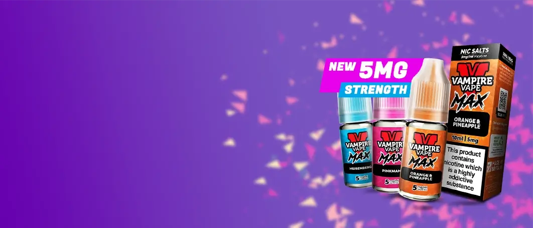 Vampire Vape Max 5mg strength nic salts lined up on a graduated purple background with scattered confetti