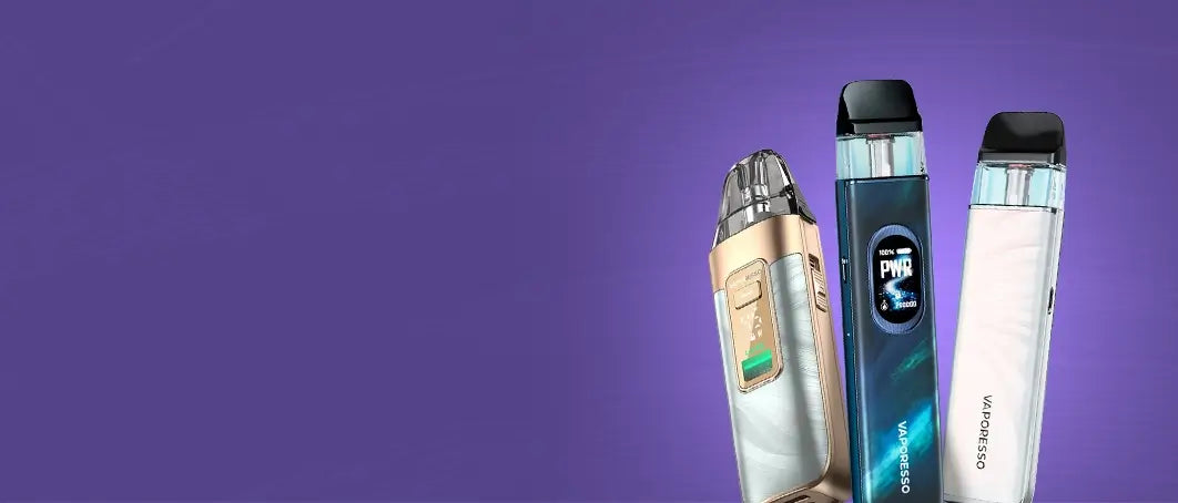 Vaporesso new range of pod kits on a graduated purple background