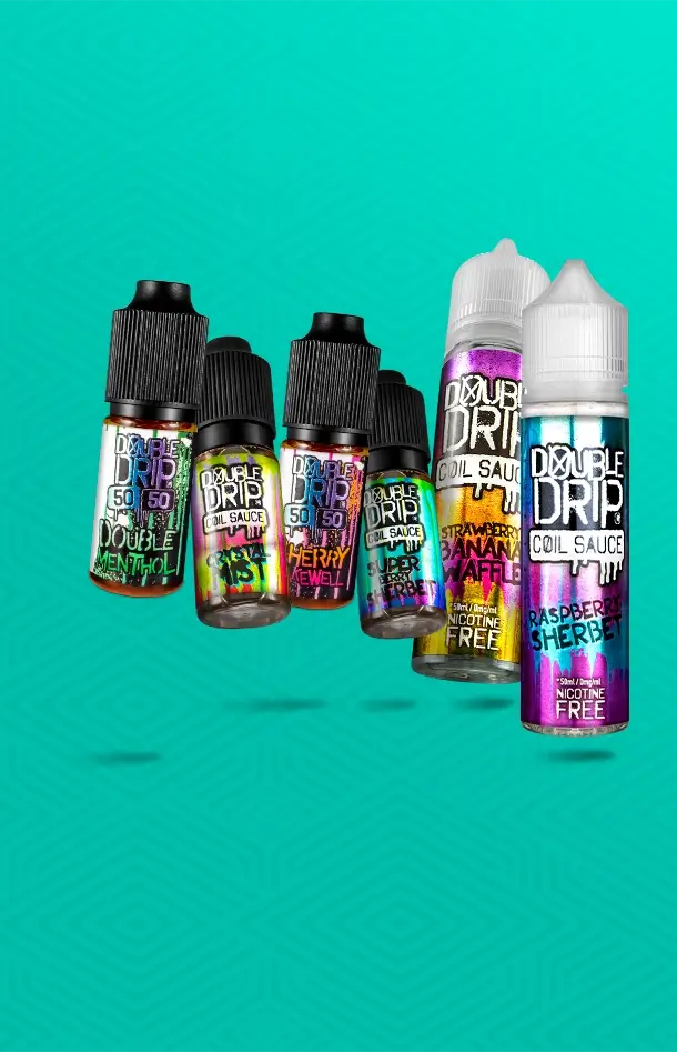 Double Drip e-liquid range on an aqua green background