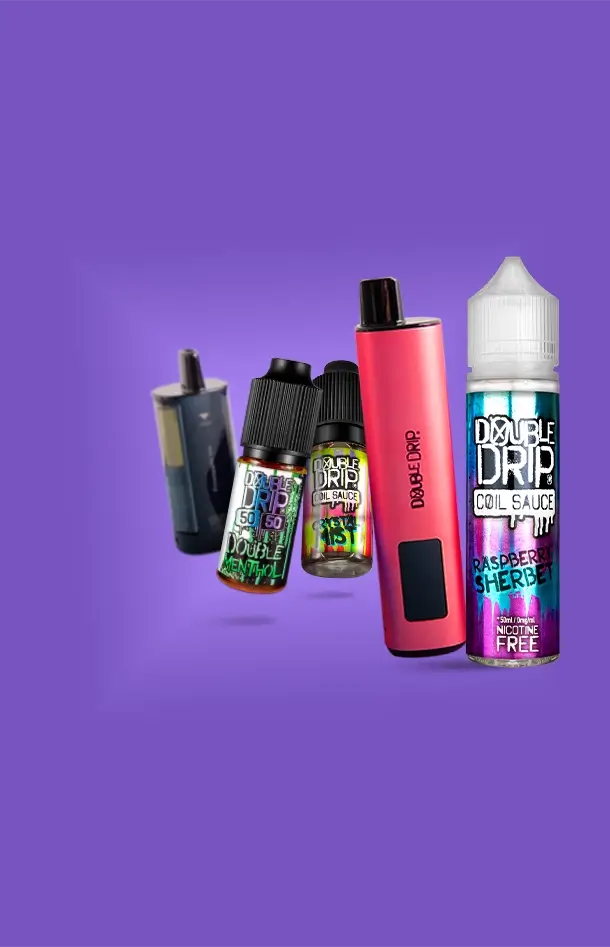 Double Drip range of hardware and liquid on a purple background
