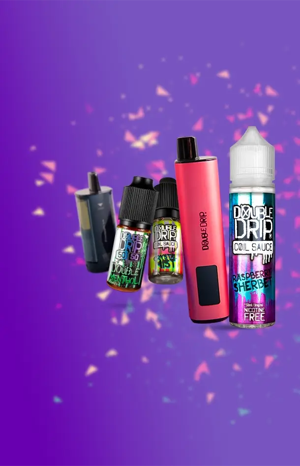 Double Drip range of products from kits to e-liquids on a graduated purple background with scattered confetti