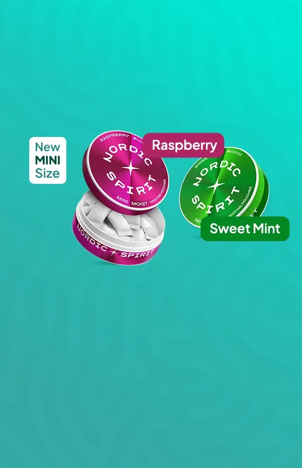 New Nordic Spirit mini nicotine pouches in 2 flavours mini raspberry and sweet mint on an aqua green rippled background