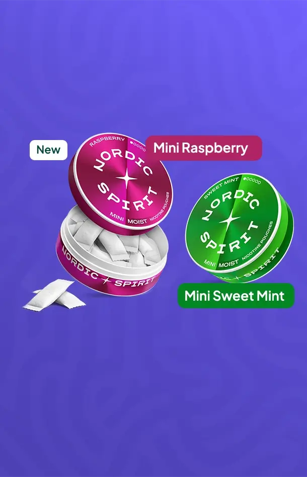 New Nordic Spirit mini nicotine pouches in 2 flavours mini raspberry and sweet mint on a purple rippled background
