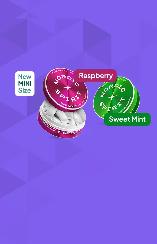 New Nordic Spirit mini nicotine pouches in 2 flavours mini raspberry and sweet mint on a purple and magenta background with geometric triangle patterns