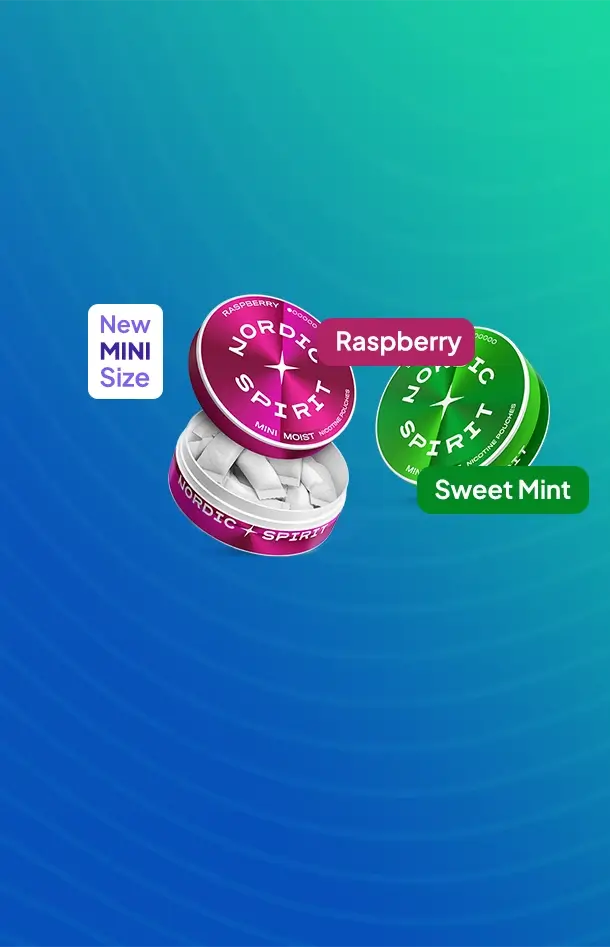 New Nordic Spirit mini nicotine pouches in 2 flavours mini raspberry and sweet mint on an aqua green background