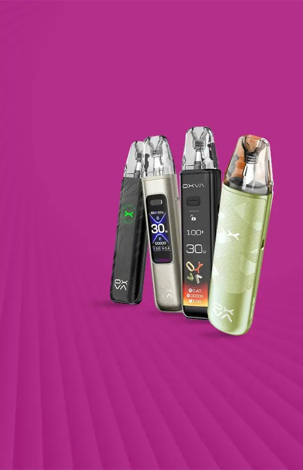 A range of Oxva pod vape kits on a pink background