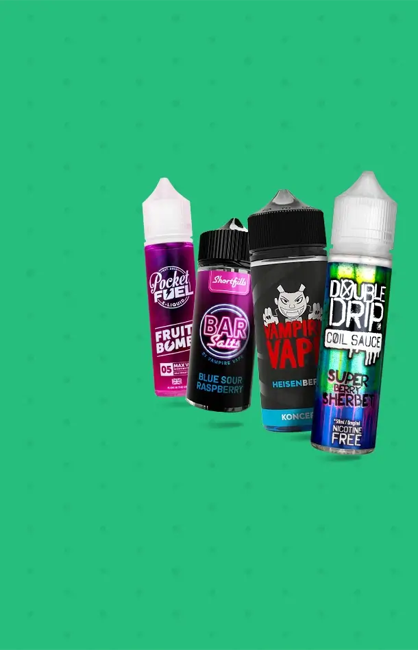 A range of shortfill e-liquids on a green background