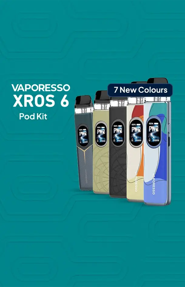 Vaporesso Xros 6 pod kit in 7 new colours on an aqua green patterned background