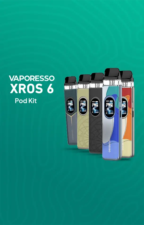 Vaporesso Xros 6 pod kit in 7 new colours on an aqua green patterned background