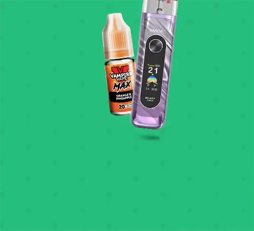 E-liquid and vape kit on a green background