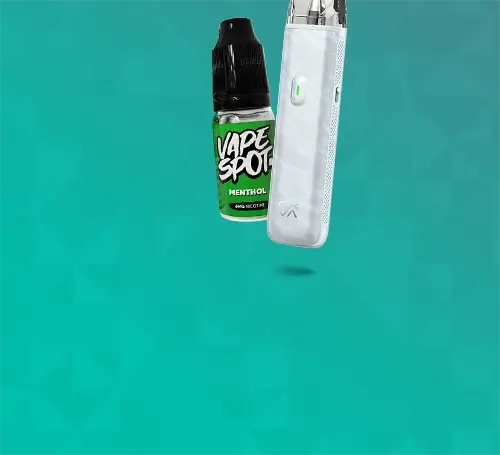 E-liquid and vape kit on an aqua blue background