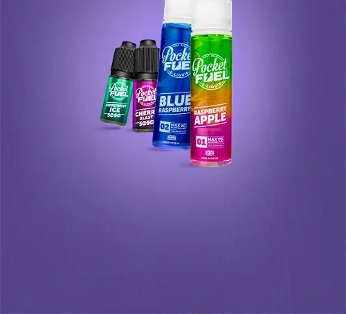 Range of Pocket Fuel e-liquids on a graduated purple background