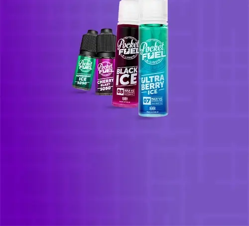 Pocket Fuel range of e-liquids on a purple background