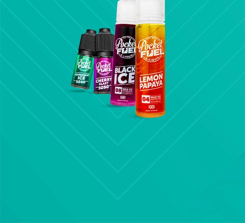Pocket Fuel e-liquid range on an aqua background
