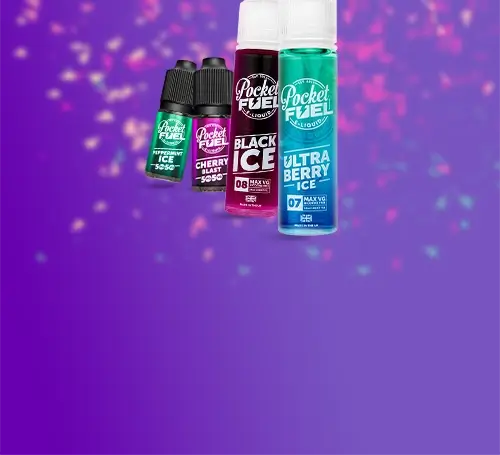 Pocket Fuel range of e-liquids and shortfills on a graduated purple background with scattered confetti