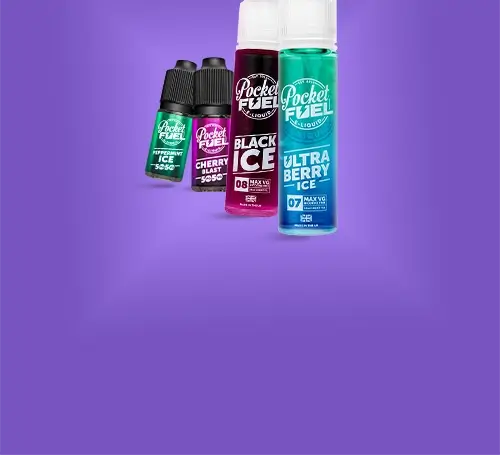 Pocket Fuel range of e-liquids on a purple background
