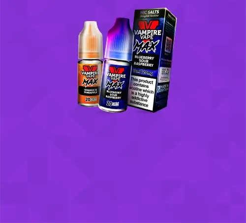 2 Vampire Vape Max nic salts arranged together on a purple background
