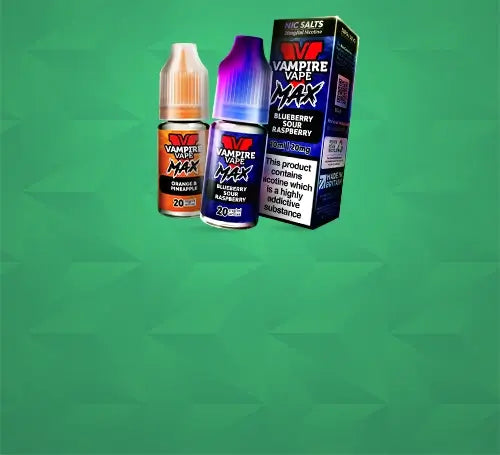 Vampire Vape Max e-liquids arranged on a green graduated background